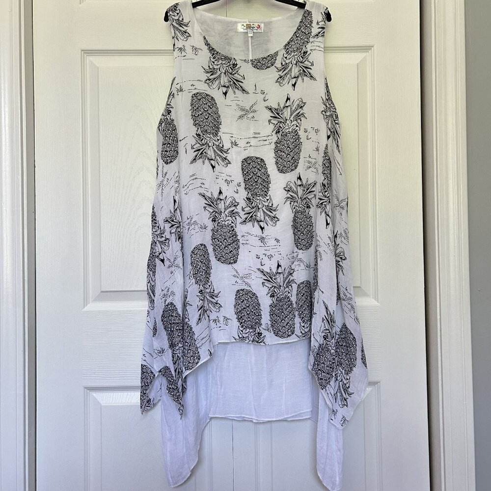 Womens White Black Tropical Pineapple Short Sleeve Cover Up Dress One Size Beach